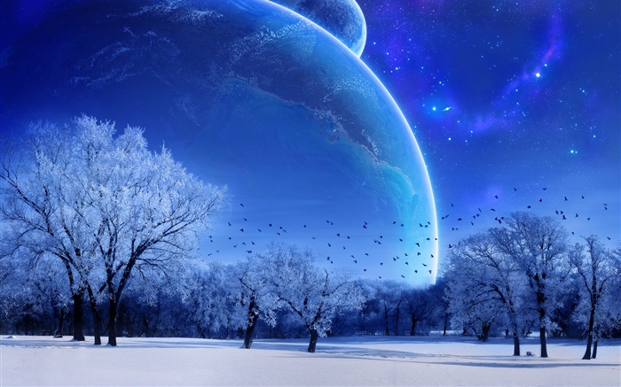 Rêve monde, l'hiver, les arbres, les oiseaux, les planètes, le style bleu Fonds d'écran, image