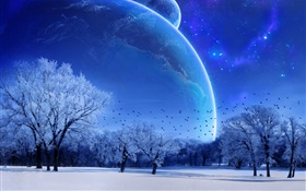 Rêve monde, l'hiver, les arbres, les oiseaux, les planètes, le style bleu
