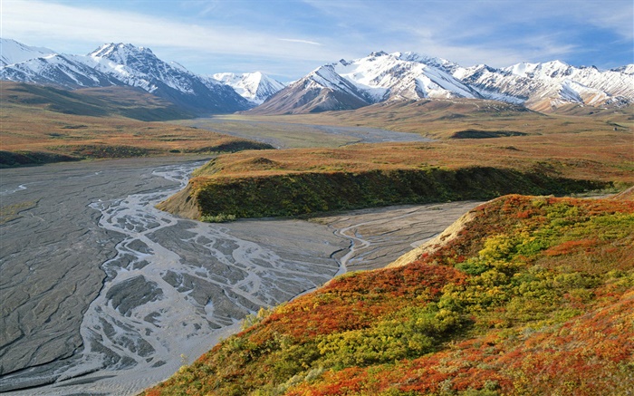 East Fork River, montagnes, automne, parc national de Denali, en Alaska, États-Unis Fonds d'écran, image