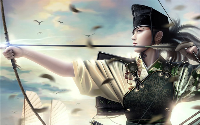 Fantastique fille asiatique, guerrier, arc, bateau Fonds d'écran, image