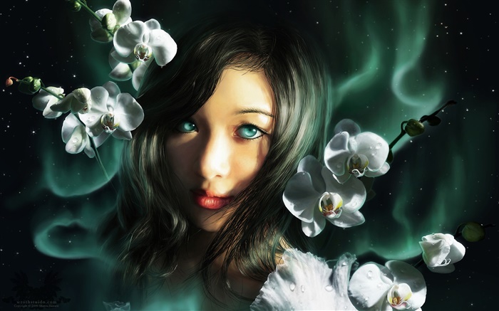 Fantastique fille, yeux bleus, orchidées Fonds d'écran, image