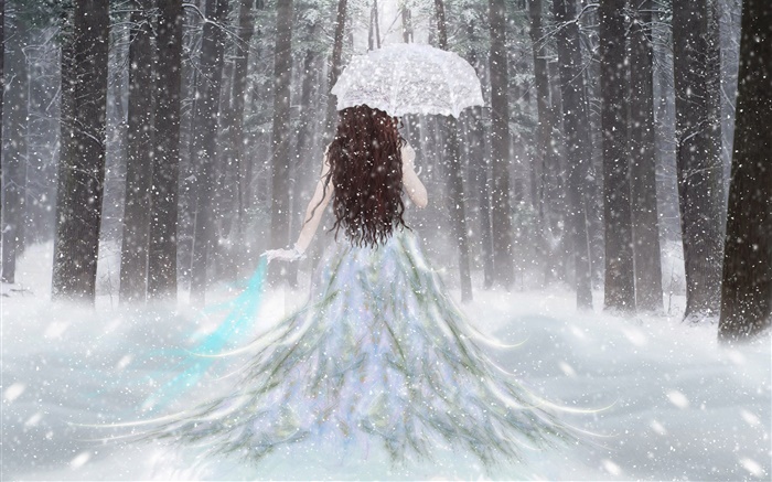 Fantastique fille dans la forêt d'hiver, la neige, parapluie, vue de dos Fonds d'écran, image