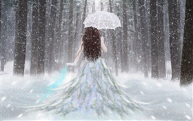 Fantastique fille dans la forêt d'hiver, la neige, parapluie, vue de dos HD Fonds d'écran