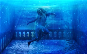 Fantastique fille en sous-marin, l'eau bleue HD Fonds d'écran