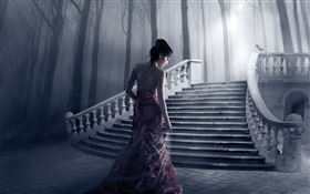 Fantastique fille, nuit, escaliers, arbres