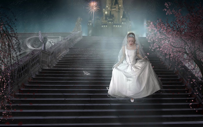 Fantaisie fille, robe blanche, des escaliers, des chaussures Fonds d'écran, image