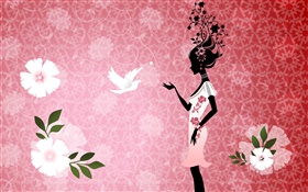 Les filles et les pigeons, oiseaux, fleurs, fond rose, conception de vecteur images