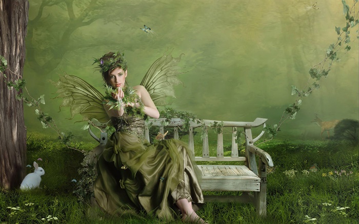 Papillon vert fantasy girl Fonds d'écran, image