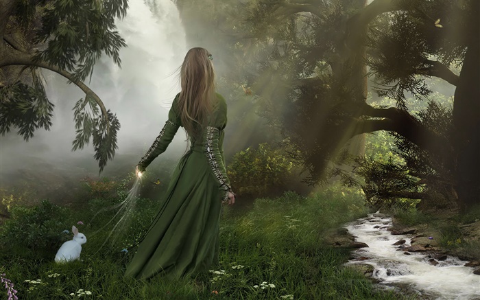 Vert fille robe de fantaisie dans la forêt, lapin blanc Fonds d'écran, image