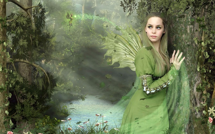 Robe verte imaginaire fille, ailes, fée Fonds d'écran, image
