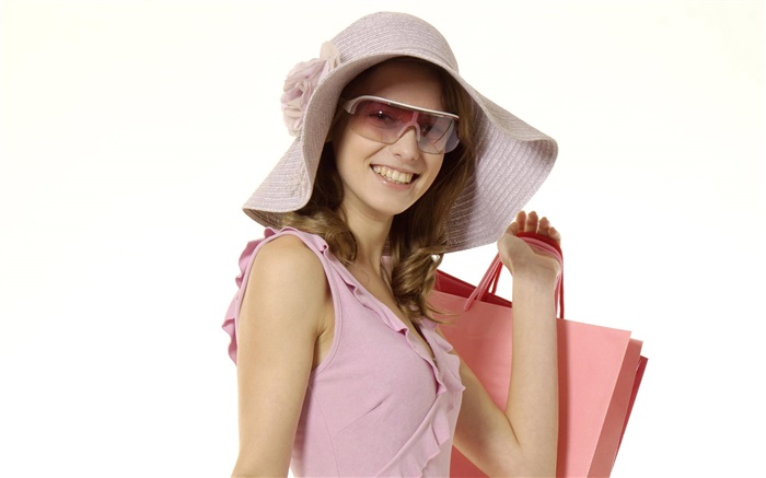 Bon shopping fille, robe rose, chapeau, lunettes de soleil Fonds d'écran, image