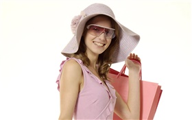 Bon shopping fille, robe rose, chapeau, lunettes de soleil HD Fonds d'écran