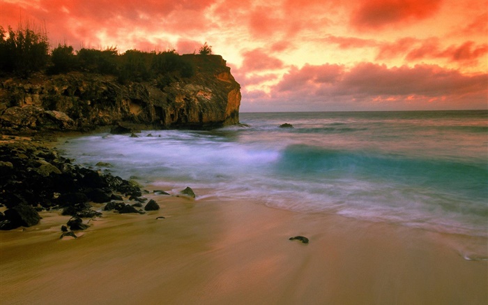 Hawaii, États-Unis, plage, côte, mer, ciel rouge, coucher de soleil Fonds d'écran, image