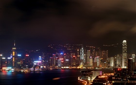 Hong Kong, belle nuit, ville, gratte-ciel, les lumières, la mer HD Fonds d'écran