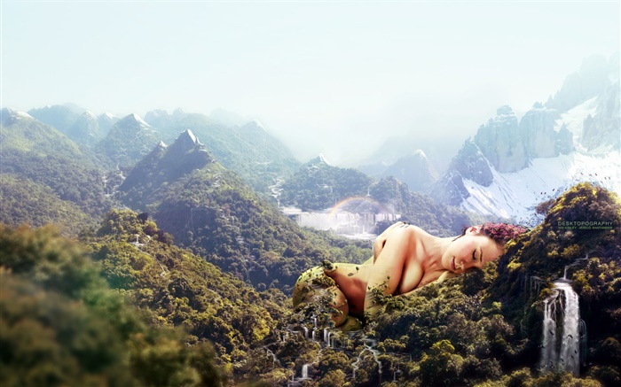 Huge fille, dormir sur les montagnes, le design créatif Fonds d'écran, image