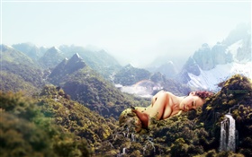 Huge fille, dormir sur les montagnes, le design créatif HD Fonds d'écran