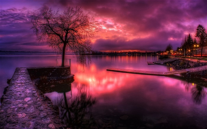 Lac, ciel rouge, coucher de soleil, nuages, arbres, lampes Fonds d'écran, image