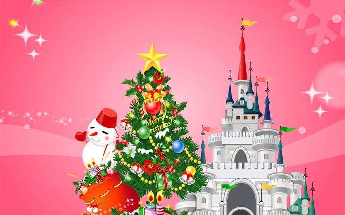Joyeux Noël, conception de vecteur, arbre, bonhomme de neige, cadeaux, château Fonds d'écran, image