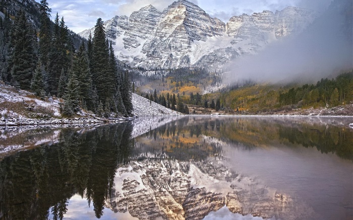 Matin, brouillard, lac, montagnes, réflexion de l'eau Fonds d'écran, image