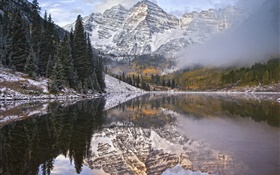 Matin, brouillard, lac, montagnes, réflexion de l'eau HD Fonds d'écran