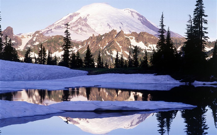 Mount Rainier, Tipsoo lac, montagne, arbres, neige, Washington, États-Unis Fonds d'écran, image