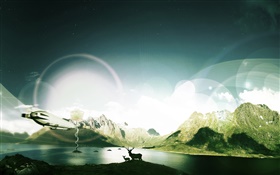 Montagnes, lac, daims, lumière, design créatif HD Fonds d'écran