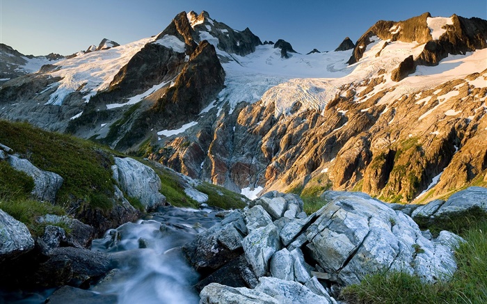 Montagnes, rochers, ruisseau, neige Fonds d'écran, image