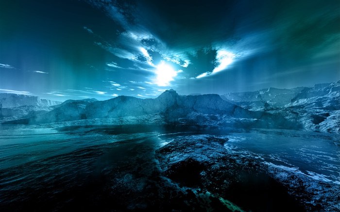 Paysage de nuit, mer, côte, l'eau, la lune, les nuages, le style bleu Fonds d'écran, image