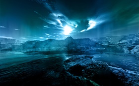 Paysage de nuit, mer, côte, l'eau, la lune, les nuages, le style bleu HD Fonds d'écran