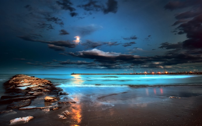 Nuit, lumières, lune, nuages, mer, une jetée Fonds d'écran, image