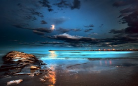 Nuit, lumières, lune, nuages, mer, une jetée HD Fonds d'écran