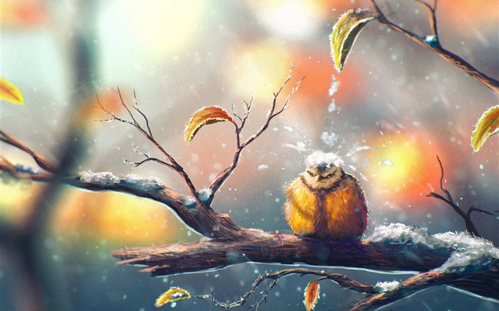 Peinture, oiseau en hiver, branche d'arbre, neige, feuilles Fonds d'écran, image