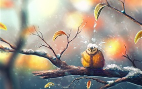 Peinture, oiseau en hiver, branche d'arbre, neige, feuilles