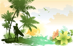 palmiers, fleurs, oiseaux, mer, tropical, homme, vecteur images HD Fonds d'écran