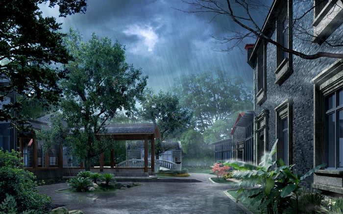 Parc sous la pluie, maison, arbres, rendu 3D images Fonds d'écran, image