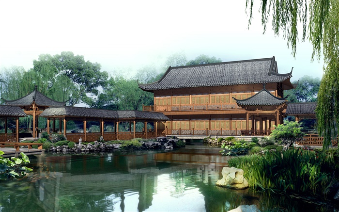 Park, lac, pavillon, pont couvert, la conception 3D Fonds d'écran, image