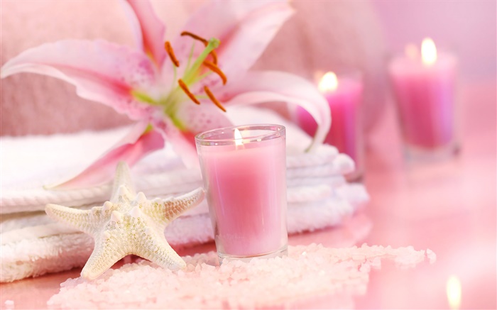 le style rose, bougies, étoiles de mer, orchidée, serviette, SPA still life Fonds d'écran, image