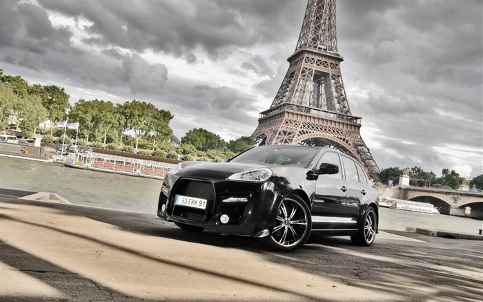 Porsche Cayenne voiture noire, Tour Eiffel Fonds d'écran, image