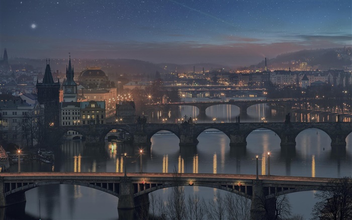 Prague, République tchèque, pont, rivière, maison, nuit, lumières Fonds d'écran, image