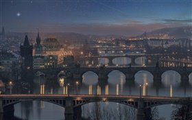 Prague, République tchèque, pont, rivière, maison, nuit, lumières