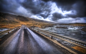 Rainy jour, pont, route, fleuve, montagnes, nuages HD Fonds d'écran