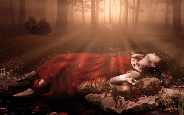 Red fille robe de fantaisie, dormir dans la forêt Fonds d'écran, image