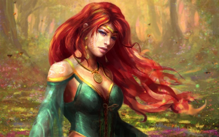 Red fille fantastique aux cheveux dans la forêt Fonds d'écran, image