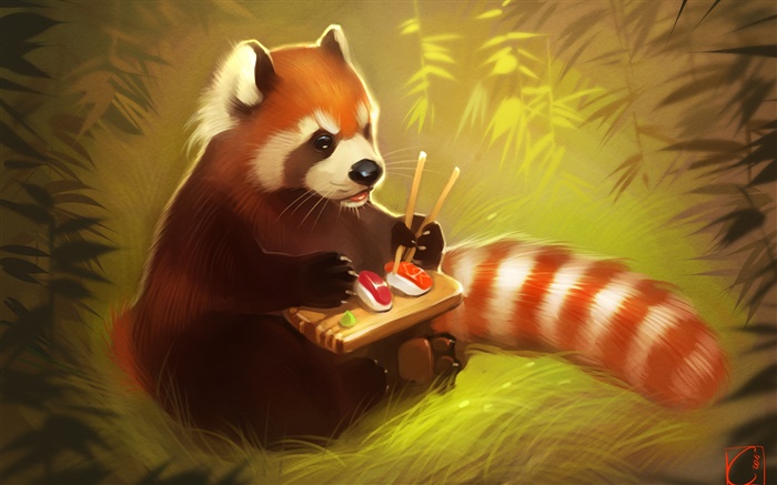 alimentaire rouge panda manger, sushi, ours, peinture créative Fonds d'écran, image