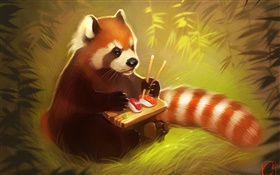 alimentaire rouge panda manger, sushi, ours, peinture créative