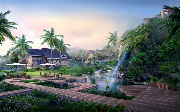 Resort, cascade, palmiers, maison, tropical, conception 3D Fonds d'écran, image