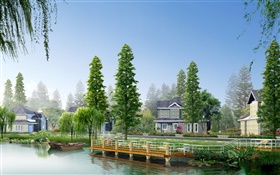 Rivière, arbres, bateaux, maisons, image de conception 3D HD Fonds d'écran