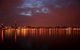 Rivière, réflexion de l'eau, ville, lumières, nuit HD Fonds d'écran