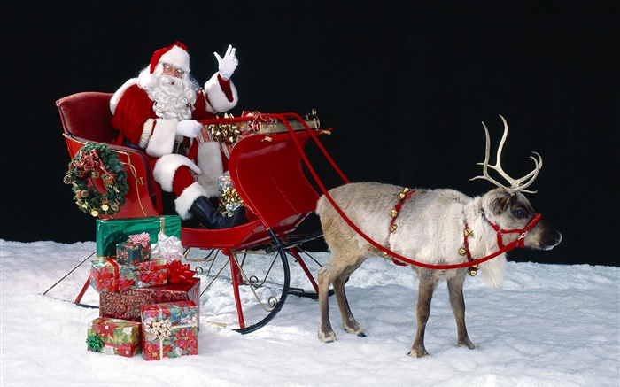 Père Noël, cerfs, traîneau, présente, thème de Noël Fonds d'écran, image