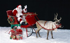 Père Noël, cerfs, traîneau, présente, thème de Noël HD Fonds d'écran
